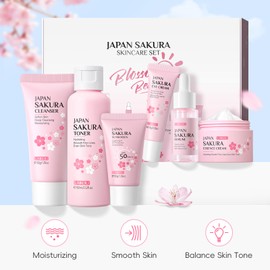 LAIKOU Skin Care Gift Set for Teen Girls, Sakura Face Care Set Women, with Cleanser, Toner Hydrating, Serum, Eye Cream, Face Cream, Sun Protection for Pores