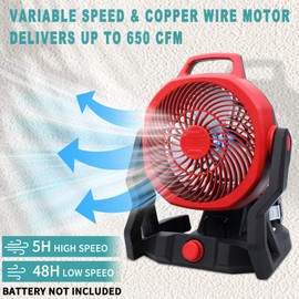 Srhvfuyr Battery Powered Fan for Milwaukee M18 18V Battery Variable Speed Battery Operated Fan Furnish AC Adapter, Highest 650 CFM Cordless Fan，Low Noise for Jobsite Camping Fan (No Battery)