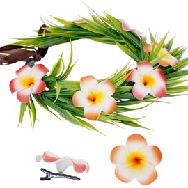 KorViSHOW Hawaiian Flower Crown Headband - 3 Pcs Hawaii Floral Headpiece with Plumeria Hair Clips Lei Luau Dress Up Accessory Set for Women Girls Summer Beach Party Decorations Tropical Favor Supplies