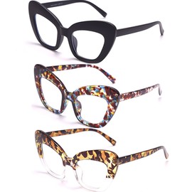 bullabulling 3Pack Oprah style Readers,Blue Light Blocking Computer Cat eye Reading Glasses for Women (balck/flower/leopard, 2.25)
