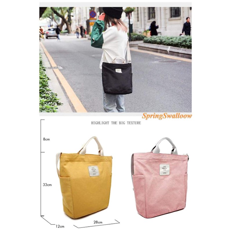 SpringSwalloow Canvas Vertical 2-Way Large Tote Bag, Gusset, Zippered, Simple,