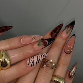 SEENEEY Uñas Postizas Largas Color Almendra, Color Marrón, Francesas, Con Diseños Dorados, Adhesivas Para Mujer (24 Unidades)