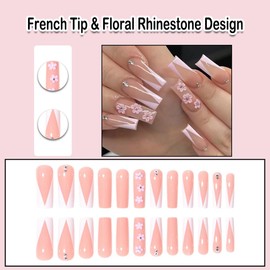 ANDGING French Tip Press on Nails Pink Square Medium Long Fake Nails Glue on Nails with Floral Rhinestone Design Acrylic Women False Nails with Glue 24Pcs Gel Stick on Nail for Wedding Birthday AL68U