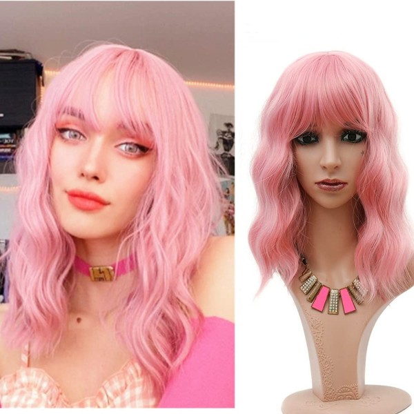 Greenmirr Short Pink Wig Bob Wavy Wigs with Fringe Heat Resistant Synthetic Hair 14 Inches (Pink)