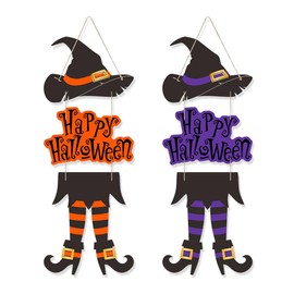 Halloween Happy Sign Decoration, 2 Sets Witch Legs Hat Door Hangings, Rustic Front Door Hanger, for Home Room Indoor Outdoor Holiday Party(Orange and Purple)
