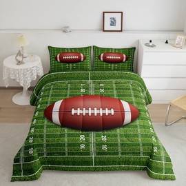 American Football Comforter Set Queen,Football Field Abstract Bedding Set 3pcs for Kids Teens Boys Girls Adults Room Decor,Soccer Sport Game Quilt Set Green Brown Duvet Insert with 2 Pillowcases
