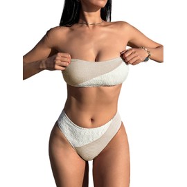 ZAFUL - Bikini sin tirantes para mujer, diseño de cuadros de encaje y retazos de cuadros de 2 piezas, corte alto, bandeau, 1- marrón , Large