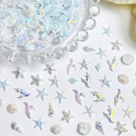 300Pcs Summer Beach Nail Charms Blue Aurora Seashell Starfish Conch Mermaid Nail Rhinestones Multi Shape Ocean Nail Jewels and Gems Flat Back Aurora Mermaid Nail Supplies for Beach Summer DIY Manicure