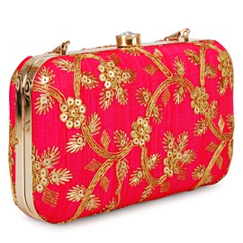 LONGING TO BUY Hand Crafted Designer Box Clutch For Women, Zari Embroidery Clutch For Women/Hand Clutch For Women, Hot Pink, Wedding Clutch