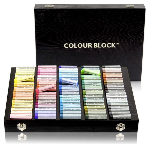 COLOUR BLOCK 100pc Wooden Case Soft Pastel Art Set for Beginners and Experienced Artists I Colors Square Chalk Pastels Art Supplies for Drawing, Blending, Gift