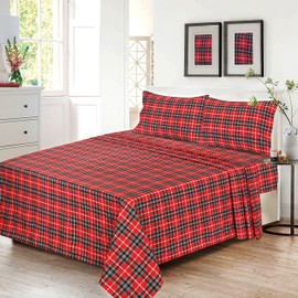 RUVANTI 100% Cotton 4 Pcs Flannel Sheets Queen Size, Deep Pocket, Warm, Super Soft, Breathable, Moisture Wicking Queen Sheets, Bed Sheets Include Flat, Fitted Sheet, 2 Pillowcase - Red Plaid