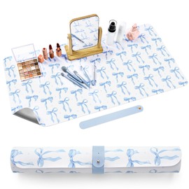 Teenyyou Coquette Bow Makeup Mat for Vanity Top Protector, Dual Sided Leather Vanity Mat Waterproof Mouse Pads Dressing Desk Makeup Table Cover Nonstick Countertop for Women(Blue,15.7" X 31.5")