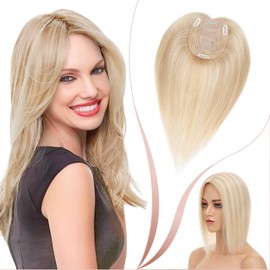 Elailite Hair Topper, Real Hair, Toupee, Women, Clip-In Hairpiece, Hair Topper Base, 10 x 12 cm, 45 cm, #18P613 Honey Blonde/Light Blonde