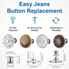 Ceryvop 8 Sets Jeans Button Pins, No-Sew Adjustable Waist Tightener for Loose Jean Pants, Extra Replacement Buttons to Make Pant Smaller