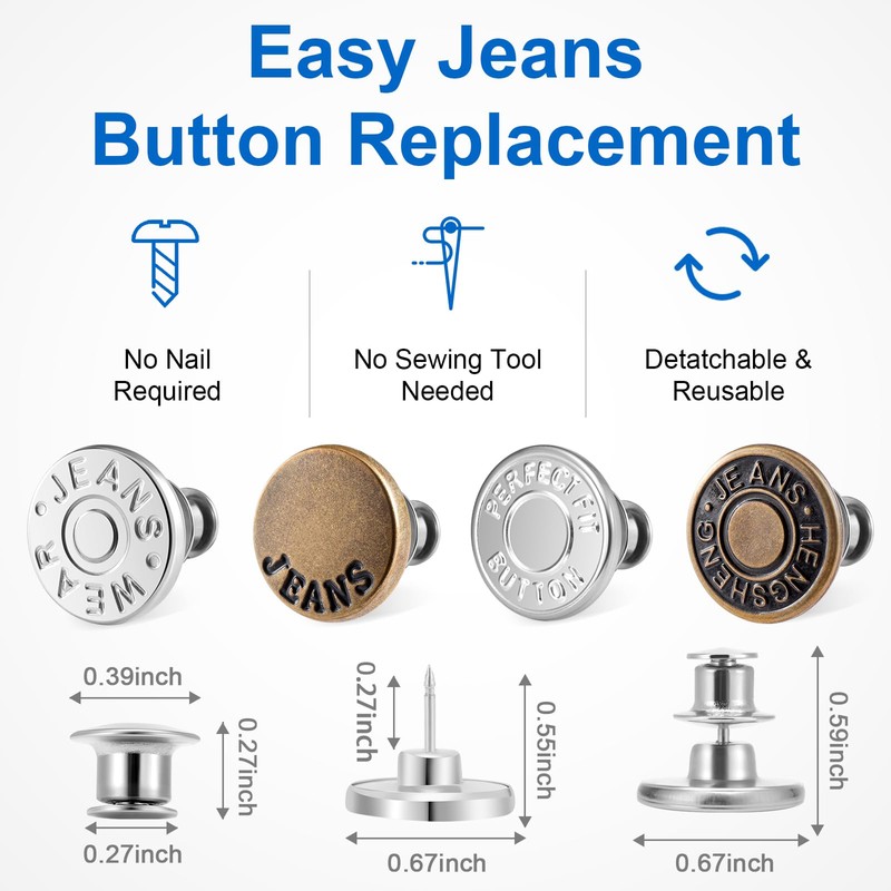 Ceryvop 8 Sets Jeans Button Pins, No-Sew Adjustable Waist Tightener
