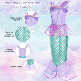 YELIY Disfraz Sirenita - Disfraces de Princesa Sirenita - Vestido Sirena Princesa Ariel - Vestido de Niñas con Corona de Varita Morada,Collar y Pulsera para Cumpleaños Fiesta, Cosplay, Halloween (120)