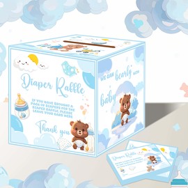Diaper Raffle Box for Baby Shower Game Decorations with 50Pcs Diaper Raffle Tickets Blue Bear Themed Advice and Wishes Diaper Raffle Sign Insert Cards for Gender Reveal Party Supplies