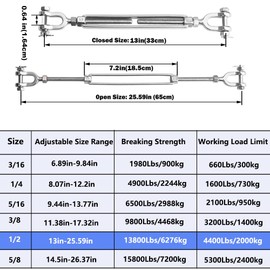 hannger 1/2 Turnbuckle M12 304 Stainless Steel Turnbuckle, 4400 lbs Working Load Limit, Jaw and Jaw Turnbuckle for Cable Wire Rope Tension, Zipline, Shade Sail