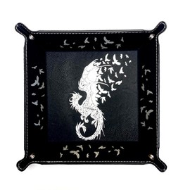 Dragon Crows Dice Tray DnD, Vegan Leather, Gift, Made by LaserTavern (Black/Silver)