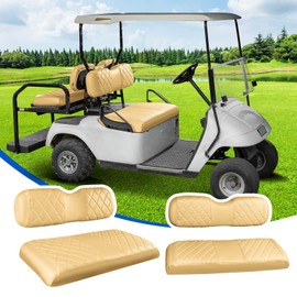 NOKINS 4PCS Golf Cart Diamond Seat Covers Kit, Front&Rear Seat Covers Fits EZGO TXT 1994-2013/EZGO RXV Standard Seat Cushion, EZGO Vinyl Seat Cover Accessories, No Staples (Tan)