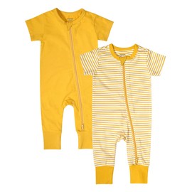 Teach Leanbh Baby Boys Girls 2-Pack Romper Jumpsuits Cotton 2 Way Zipper Short Sleeve Footless Sleep and Play 3-24 Months (Yellow, 12-18 Months)
