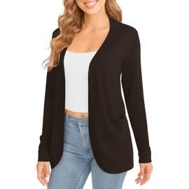 EXCHIC Women's Elegant Lightweight Long Sleeve Cardigan Curved Hem Open Front Knit Sweater with Pockets(XL, Brown)