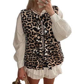 Floerns Women's Leopard Print Sleeveless Jacket Vests Cheetah Tie Up Y2k Vest Top Leopard Large