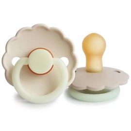 FRIGG Daisy Night Natural Rubber Baby Pacifier | Made in Denmark | BPA-Free (Croissant/Cream, 0-6 Months) 2-Pack