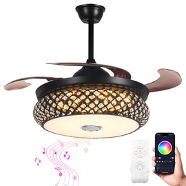A Million 42" Retractable Ceiling Fan Chandelier with Light and Bluetooth Speaker, Modern 7 Color Change Crystal Ceiling Fan Light Remote Control Retractable ABS Blades for Bedroom