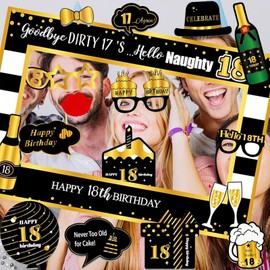 Pack of 38 Party Photo Props Birthday 18, Photo Accessories Birthday, Birthday Party Photo Booth, with Large Size Black Gold Picture Frame, Cylinder, Glasses, for Boys, Girls, Bar Mitzvah