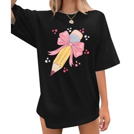 Teacher Shirts Women Bow Pencil Graphic Tee Back to School Teaching Life Shirt Teacher Appreciation Gifts Tops Black