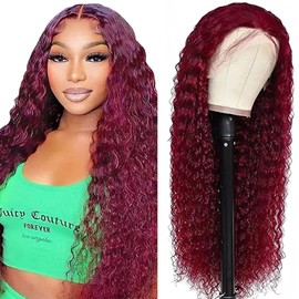 Lakaisa Water Wave Human Hair Wig Burgundy 4x4 Lace Front Real Hair Wig Wear and Go Glueless 100% Unprocessed Brazilian Remy Hair Wig Real Hair Women No Smell for Woman 22 Inches