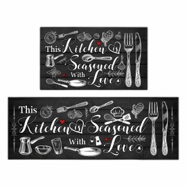 SHUNLCD Black Kitchen Decor Rug 2 Piece Set, Country Farmhouse Style Kitchen Floor Mat, Absorbent and Washable Runner Decorations Rug 17×30+17×47 Inches