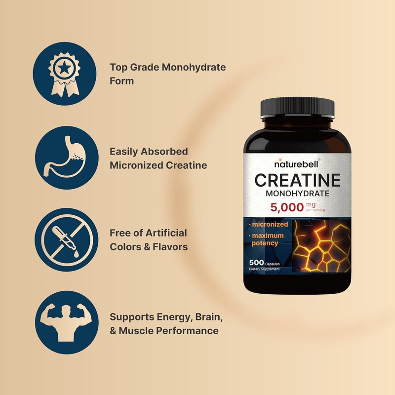 NatureBell Creatine Monohydrate Capsules 5,000mg Per Serving, 500 Count |