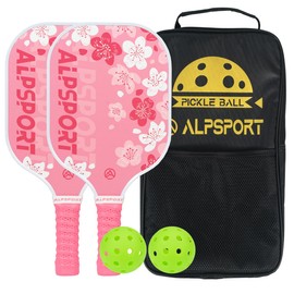ALPSPORT Sakura Pink Pickleball Paddles Set of 1/2, USAPA Approved Fiberglass Graphite Cherry Racquet with Tied Grips, 2 Indoor Outdoor Pickleball Balls, 1 Cover Bag Men Women (2 Pcs)