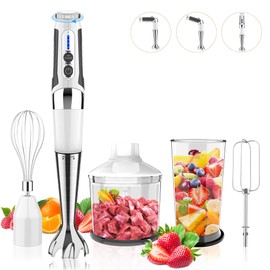 Cordless Immersion Blender: 4-in-1 Rechargeable Electric Hand Blender, 21-Speeds & 3-Angle Adjustable with 700ml Chopper, 700ml Beaker, Egg Whisk and Beater for Smoothies, Soup, Baby Food (White)