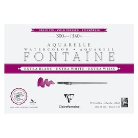 Clairefontaine Fontaine 976039C Watercolour Paper Extra White Fine-Grained 4-Sided Glued 15 Sheets 300 g 26 x 18 cm Pack of 1