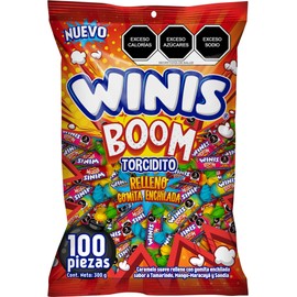 Winis Boom Torcidito Relleno Gomita Enchilada - Caramelo suave relleno de gomita enchilada sabor tamarindo, mango-maracuyá y sandía - 100 piezas - 300 g