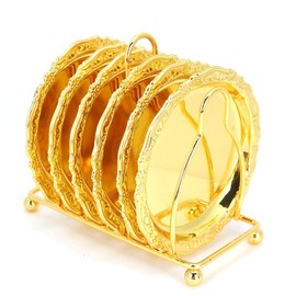 Coasters Set of 6, 10cm European Style Retro Metal Coaster with Holder, Non Slip Cup Mats Tabletop Display for Home, Bar, Kitchen, Coffee Table Decoration(Gold)