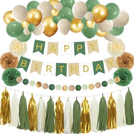 Sage Green Happy Birthday Party Decorations Retro Green Nude Ivory Dark Olive Kraft Paper Banner Balloons Neutral Rustic Boho Blush Safari Botanical Greenery Wild Décor Supplies Women Adults