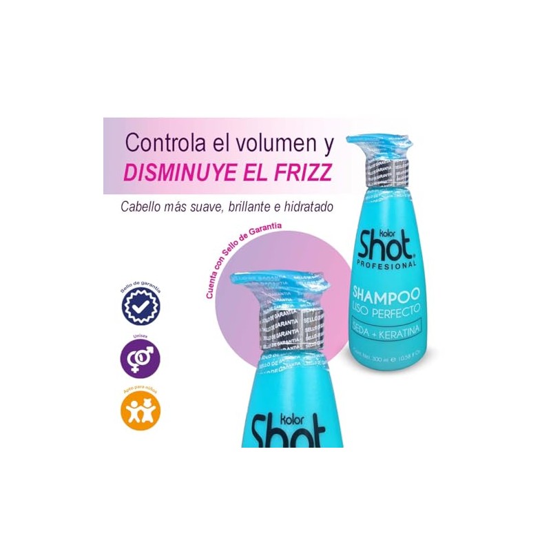 Shampoo Liso Perfecto Kolor Shot con Keratina sin Parabenos, Hidrata