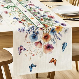 ANATTASOUL Spring Table Runner Watercolor Flowers and Butterflies Durable Kitchen Decor, 13"x72" Summer Seasonal Table Decorations for Home Party Dining Room