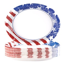 Grencian 50Pcs 4th of July Oval Paper Plates 10" x 12" Large Heavy Duty Disposable American Flag Patriotic Platters Red Blue White Dessert Plate for Independence Memorial Day Veterans Party Supplies