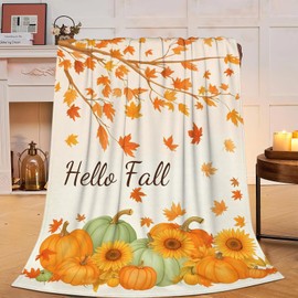 Hello Fall Pumkin Blanket Farmhouse Autumn Harvest Throw Blanket Maple Leaf Soft Cozy Fleece Fuzzy Stuffed Plush Flannel Gifts for Girls Women Boys Kids Adults 40''x50''