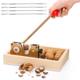 Pumtus Manual Nutcracker, Heavy Duty Nut Tongs with 4 Forks & Wooden Base, Adjustable Macadamia Nut Opener Tool, Walnut Pecan Sheller Machine, Nut Peeling Machine for Chestnut Hazelnut Almonds