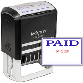 MaxMark Large Self-Inking Rubber Date Office Stamp with Paid Phrase & Date - Blue/Red Ink, 12-Year Band - Style 3