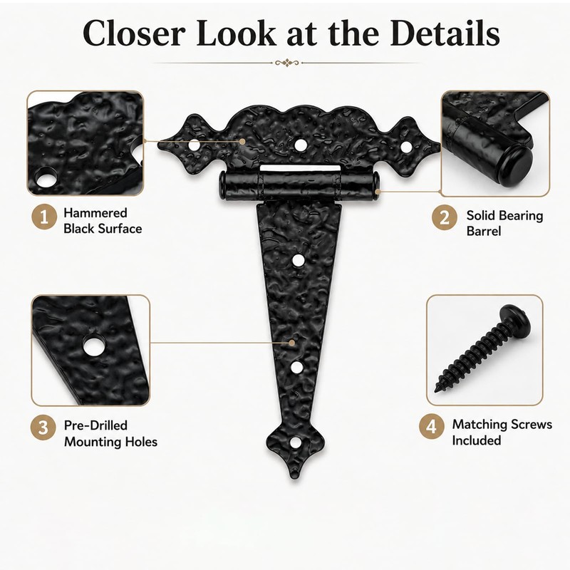 6 Inch Decorative Hammered Tee Hinge, 2 Pack Black Heavy