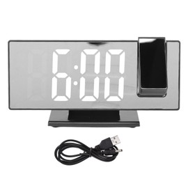 Projection Digital Alarm Clock USB Charging Automatic Dimming LED Mirror Screen Electronic Clock for Bedroom Black Shell White Light