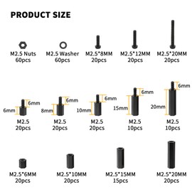 335 Pieces M2.5 Nylon Screws Nuts Set, Black Nylon Spacer Screw Nuts, Male Female PCB Board Spacer Plastic Phillips Screws Assortment Kit
