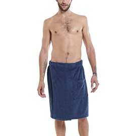 ANUFER Mens Adjustable Bath Towel Wrap - Wearable Towel Skirt with Pocket for Gym Shower Sauna Spa & Beach Cover Ups Navy Blue M